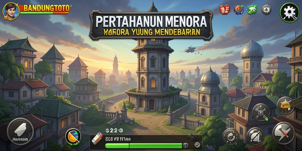 Screenshot gameplay BANDUNGTOTO menampilkan menara yang berdiri menghadapi serangan musuh.