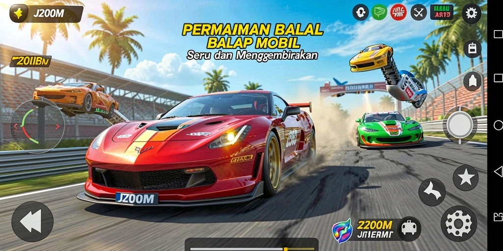 Tangkapan layar dari gameplay balapan mobil J200M yang mendebarkan.