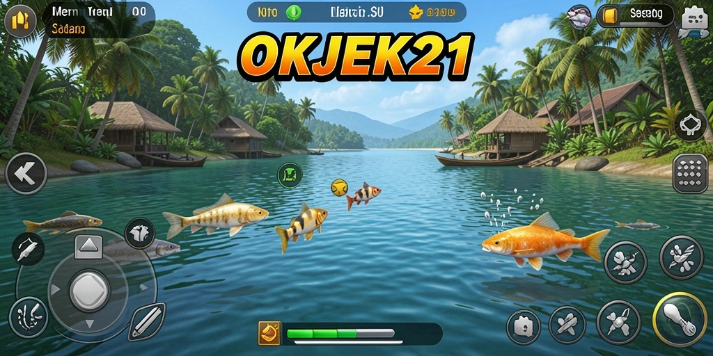 Tampilan gameplay OKJEK21 yang menampilkan ikan besar dan pemandangan yang indah.