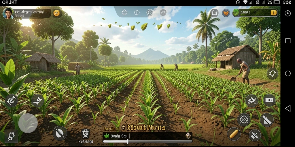 Screenshot gameplay OKJKT menampilkan lahan pertanian yang rimbun dan beragam tanaman.
